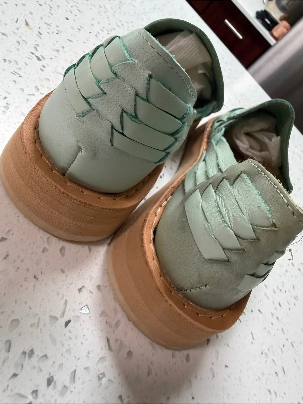 Earthy Boho Leather Huarache Shoes Size 6 Sage Green Floral Handwoven Mexico